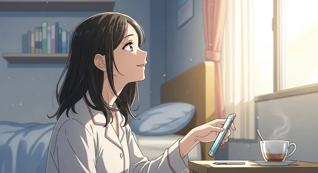 朝の光が差し込む部屋でスマートフォンを持ちながら落ち着いた表情を見せる女性のアニメイラスト