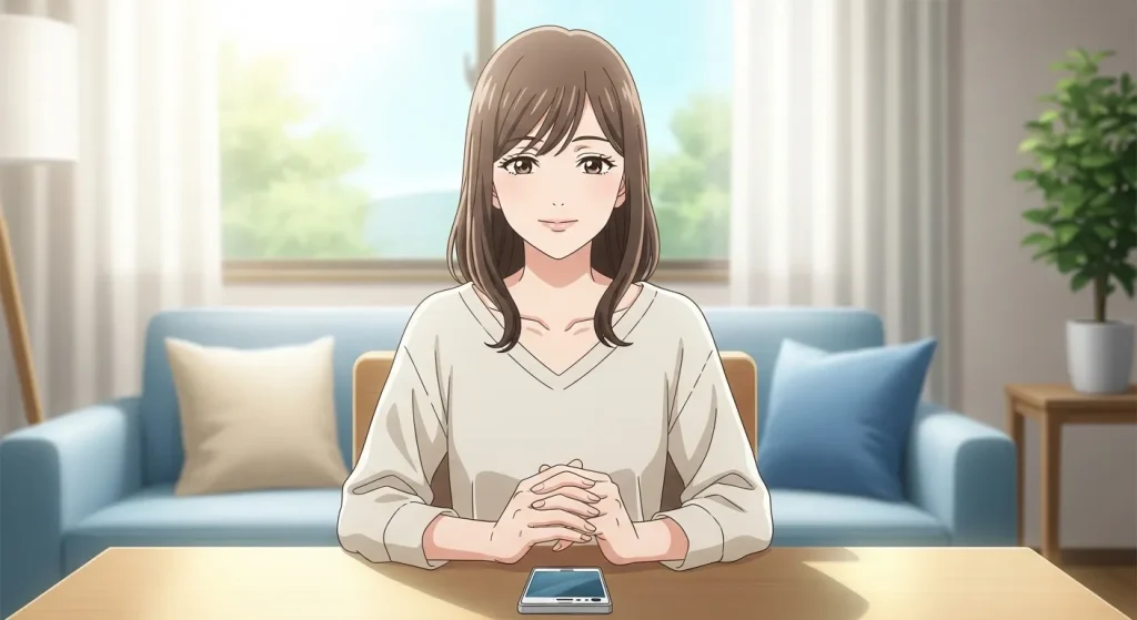 穏やかな表情でテーブルに座る女性のアニメイラスト。既読無視された恋愛で気持ちを整理し、冷めたかどうかを冷静に判断するイメージ画像