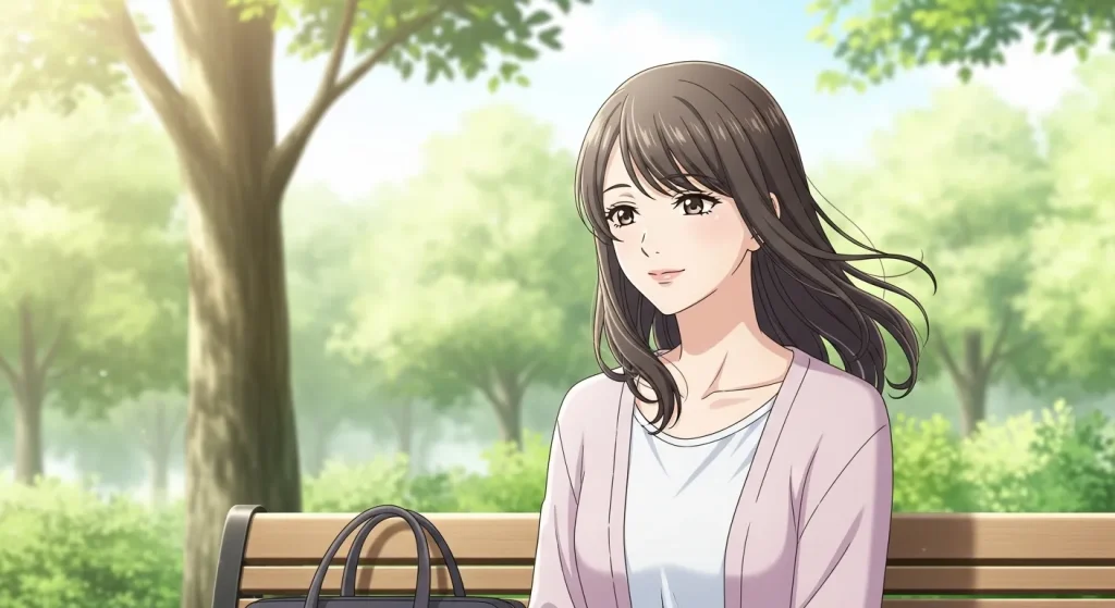 公園のベンチで気持ちを整理しながら男性の行動を見極めようとする女性のイラスト