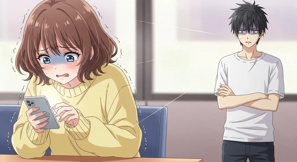 不安から何度もスマホを確認する女性と困惑する男性の様子