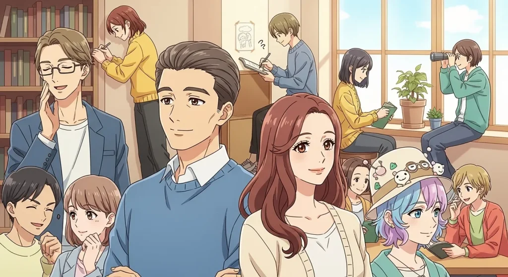 さまざまなタイプの男女が穏やかな表情で描かれたアニメイラスト。大人しい人の面白さや存在感、行動力などタイプ別の魅力を表現したイメージ