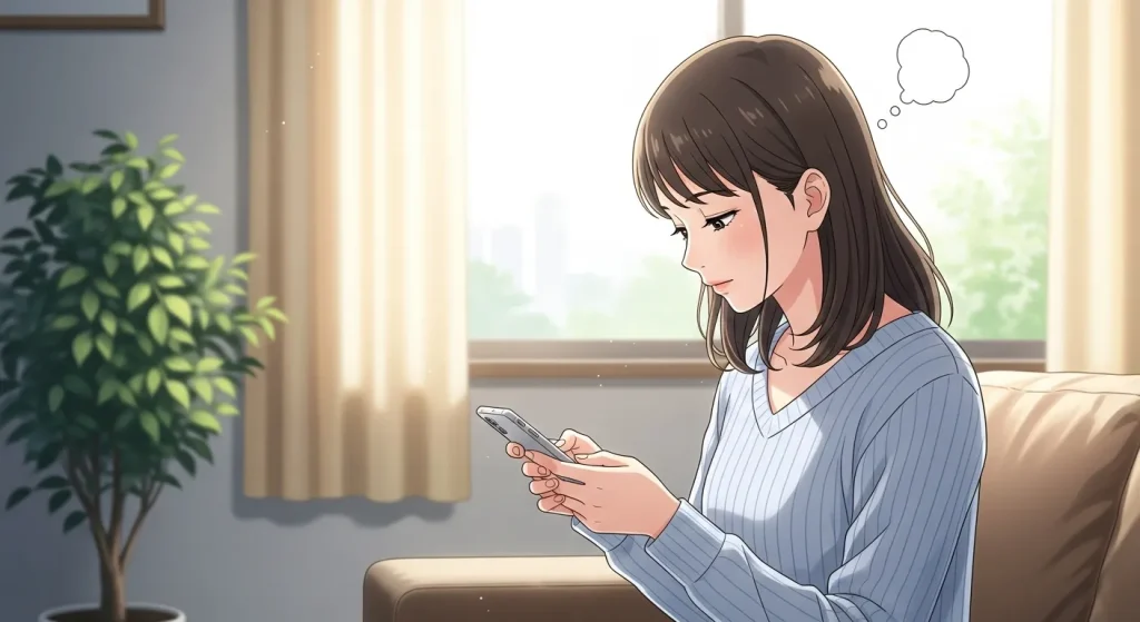 スマートフォンを見ながら落ち着いて対処法を考える女性のアニメイラスト