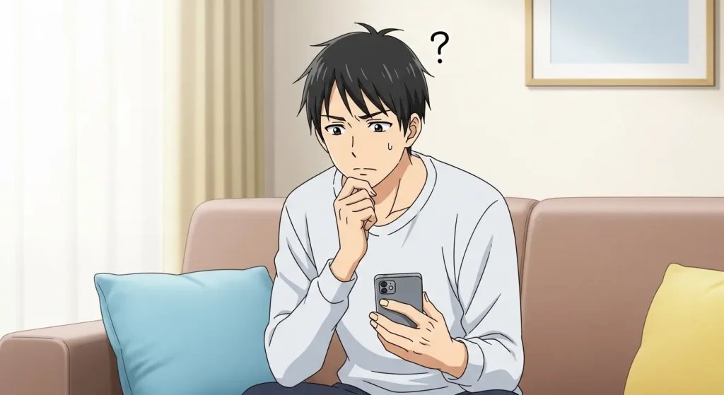 スマートフォンを見ながら返信を考えて悩む若い男性の心理を表したアニメイラスト
