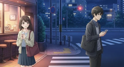 夜の街で距離を空けて立つ男女と既読無視の不安を表したアニメイラスト