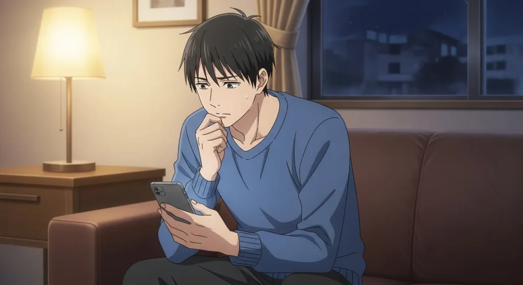 付き合う前に次の約束をどうするか迷いスマホを見つめる男性のアニメイラスト"