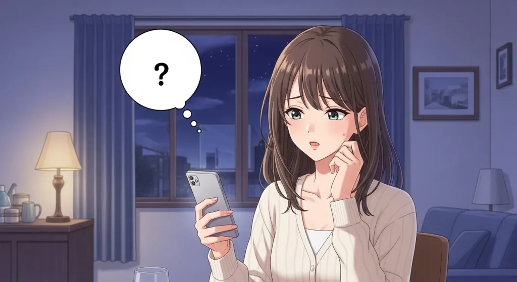 付き合う前に次の約束がなく不安そうにスマホを見る女性のアニメイラスト