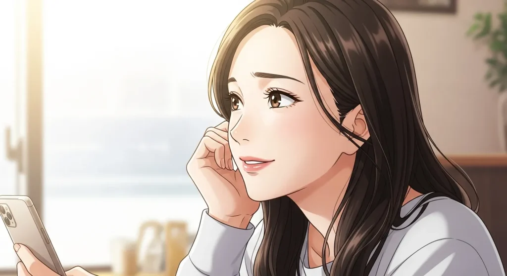 付き合う前に次の約束をしない男への対処法を考えながらスマホを見る女性のアニメイラスト