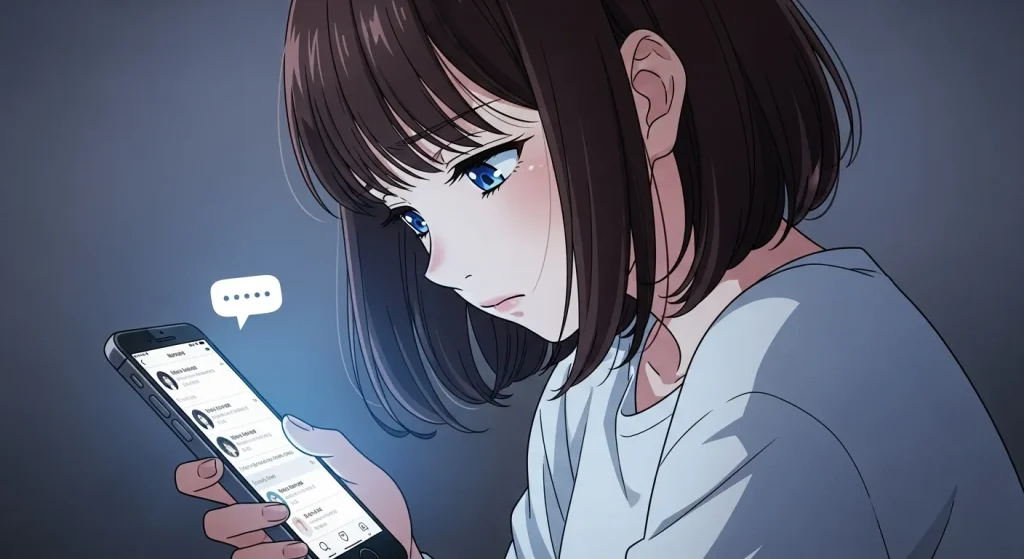 返信が来ずスマートフォンを見つめて不安になる女性の脈なしサインを表したアニメイラスト