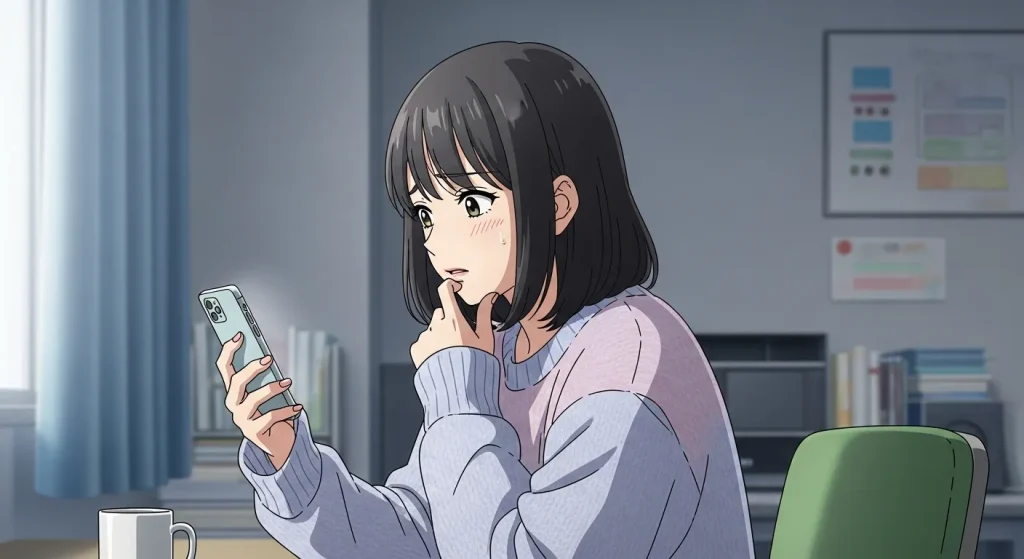 スマートフォンを見ながら返信を待つ日数に悩む女性のアニメイラスト
