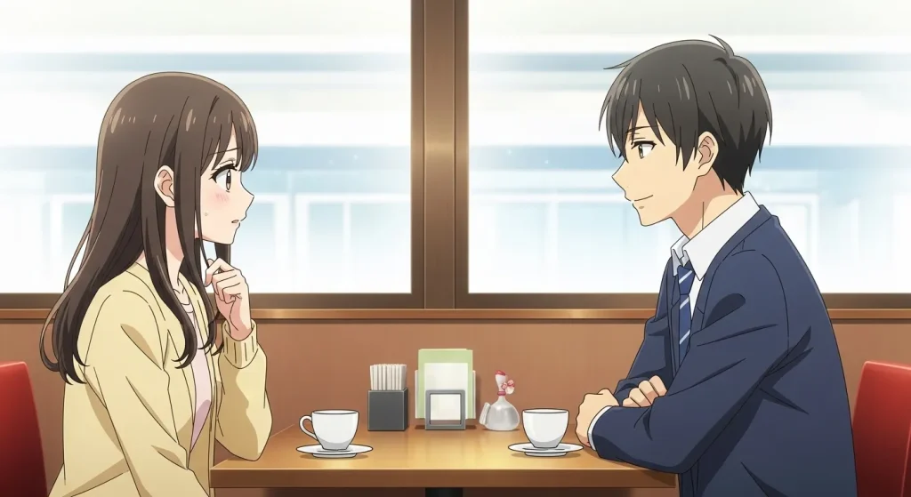 カフェで向かい合って会話する男女の脈あり脈なしを見分けるポイントのアニメイラスト