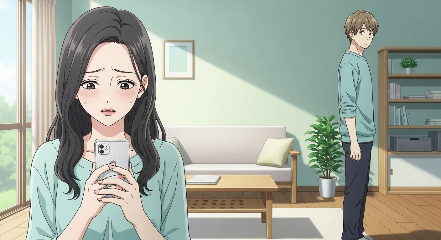 仲直りしたのに彼氏が冷たく不安そうにスマホを見る女性と距離を置く男性の様子