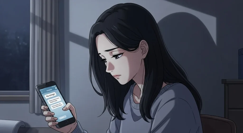 仲直りしたのに彼氏から連絡がなく不安そうにスマホを見る女性の様子