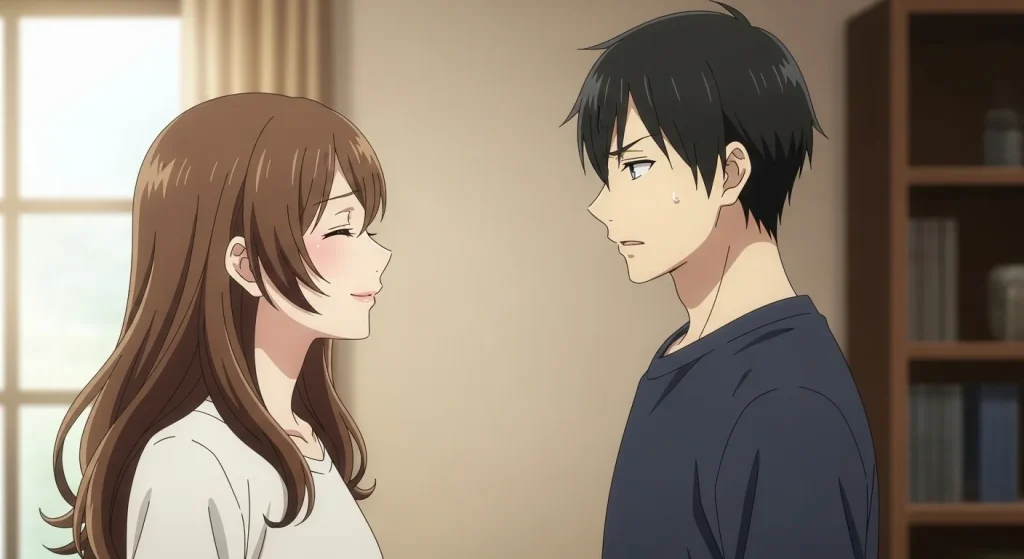 仲直りした後に笑顔の女性と少し距離を感じる男性の温度差があるカップルの様子