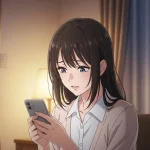 会いたいと言うのに会わない男性の心理に悩み、スマホを見つめる女性のアニメイラスト