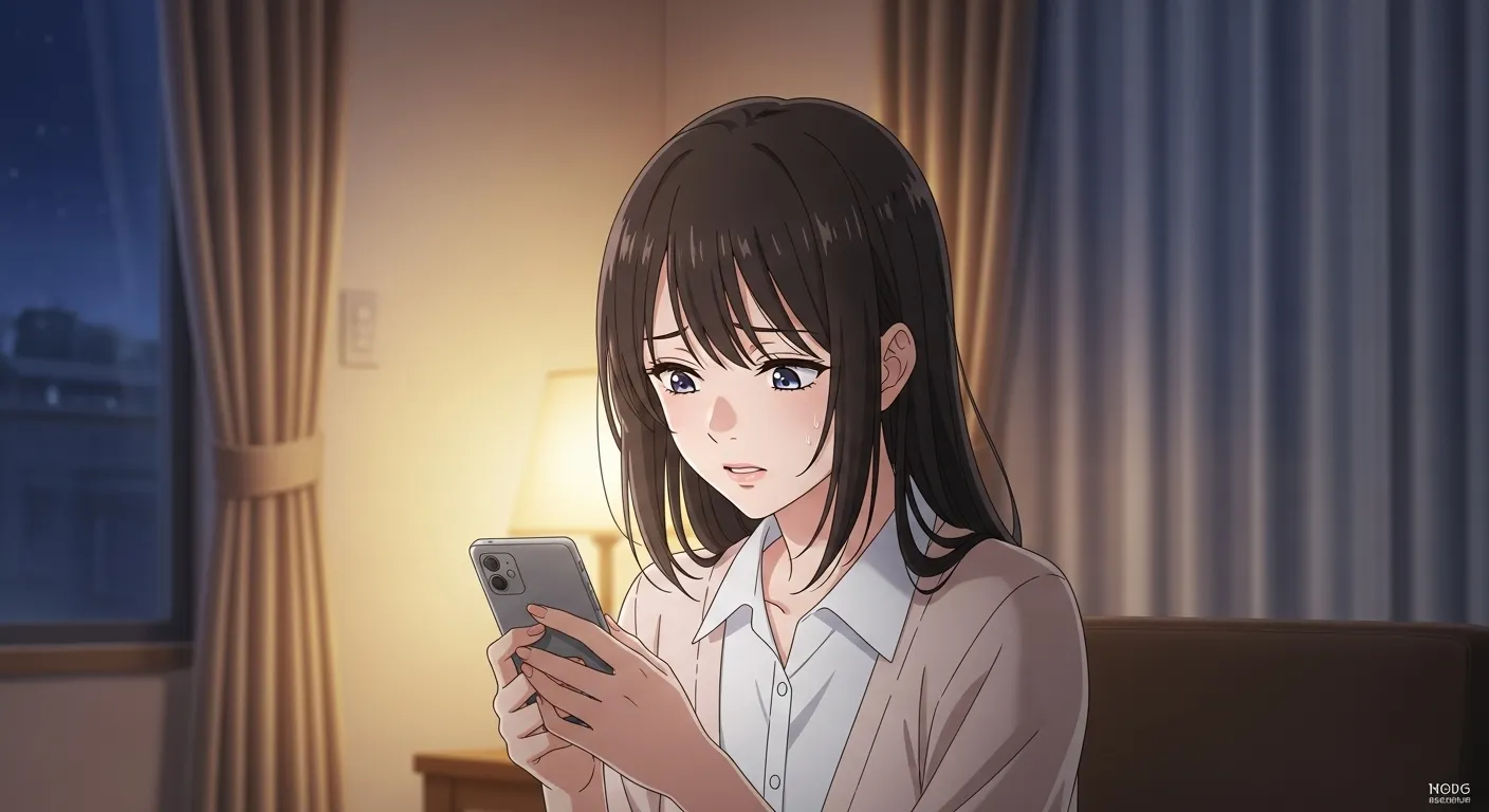 会いたいと言うのに会わない男性の心理に悩み、スマホを見つめる女性のアニメイラスト