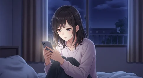 会う気ないのに会いたいと言う男性に悩みスマホを見る女性のイラスト