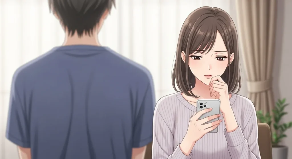 会う約束をはぐらかす男の心理を表すイラスト。距離を置く男性の後ろ姿と、不安そうにスマートフォンを見る女性