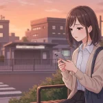 会う約束をはぐらかす男の心理をテーマに、夕方の駅前のベンチでスマートフォンを見ながら不安そうに考え込む女性のアニメイラスト