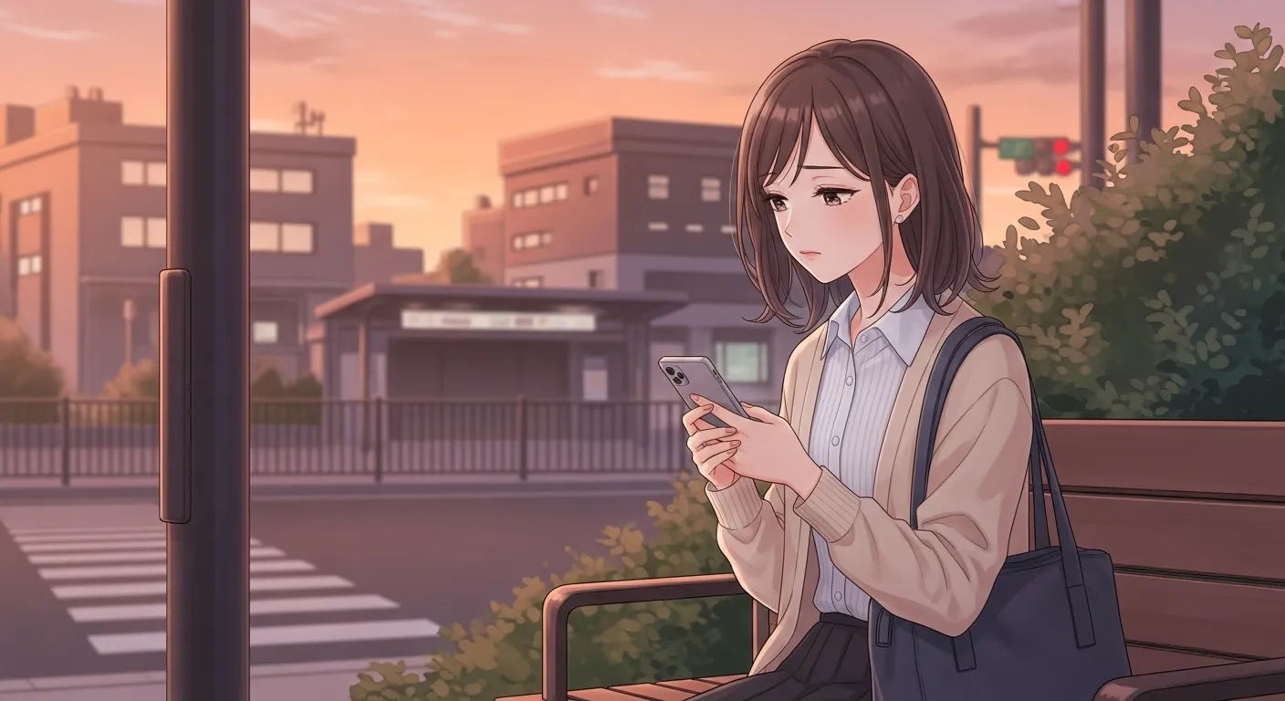 会う約束をはぐらかす男の心理をテーマに、夕方の駅前のベンチでスマートフォンを見ながら不安そうに考え込む女性のアニメイラスト