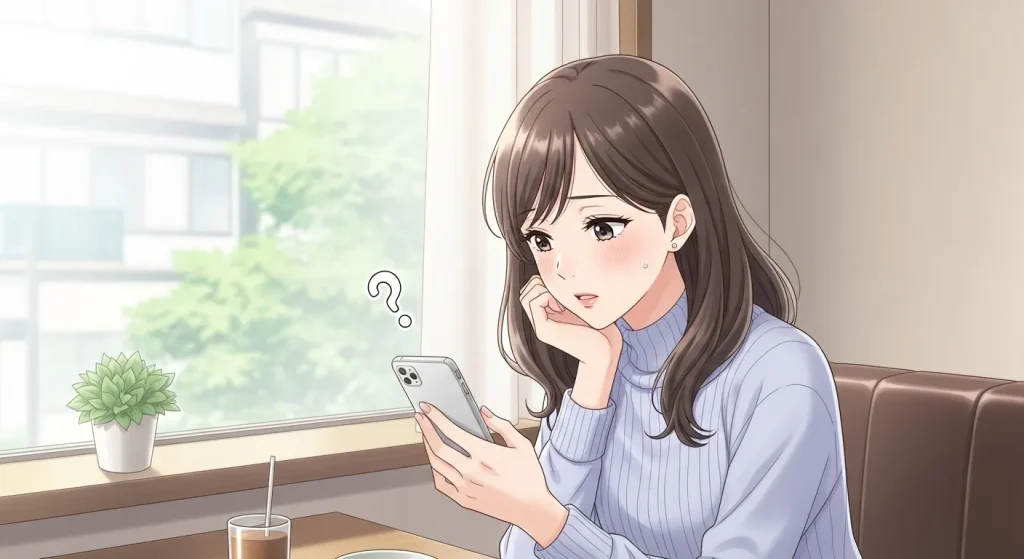 会う約束をはぐらかす男性心理を考える女性のイラスト。スマートフォンを見ながら悩む様子
