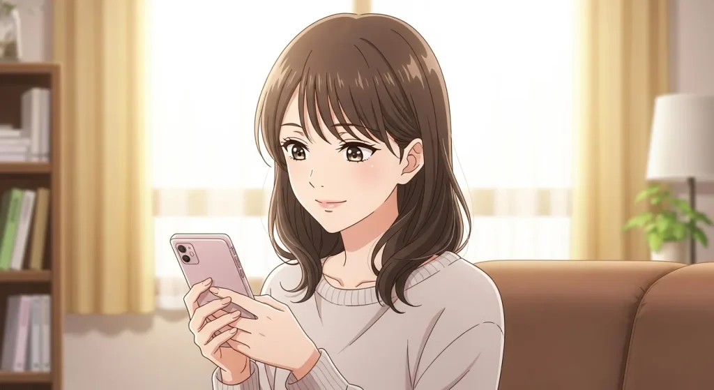 会う約束をはぐらかす男への正しい対処法を考える女性のイラスト。落ち着いた表情でスマートフォンを見ている様子