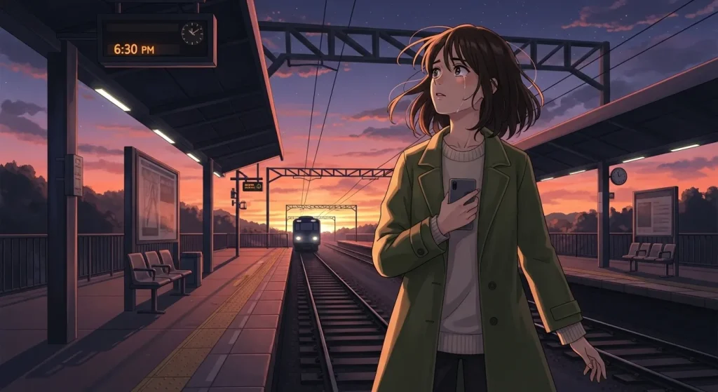 夕暮れの駅ホームでスマートフォンを持ちながら前を見つめる女性のアニメイラスト。既読無視された恋愛で見切るタイミングを考えるイメージ画像