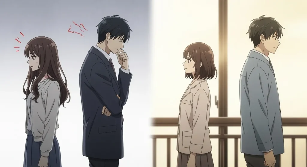 喧嘩後に距離を置く男女と普通の距離の違いを比較した心理イメージ