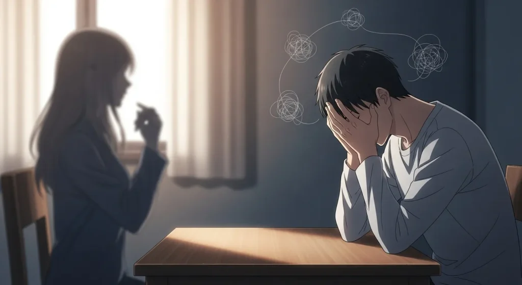 喧嘩後に落ち込んで頭を抱える男性と不満を伝える女性の様子