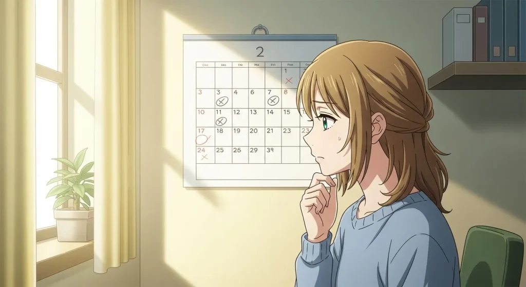カレンダーを見ながら連絡を待ち不安そうに考える女性の様子