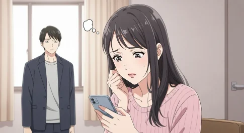 喧嘩後に連絡を気にして不安そうにスマホを見る女性と距離を取る男性の様子