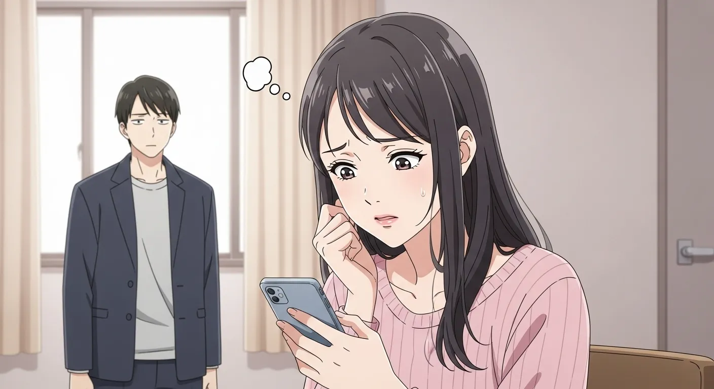 喧嘩後に連絡を気にして不安そうにスマホを見る女性と距離を取る男性の様子