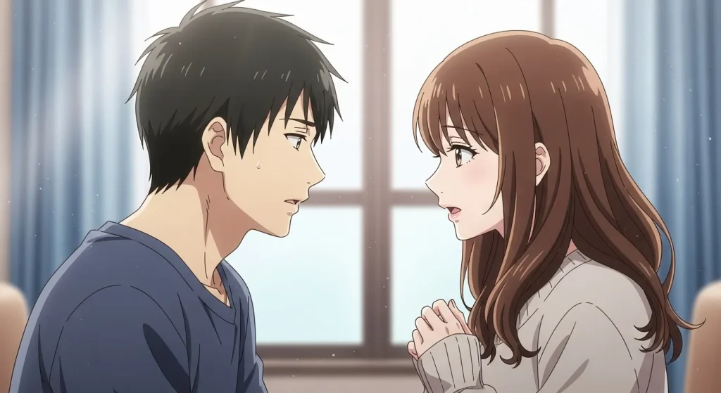 喧嘩後に向き合って話し合う男女の様子