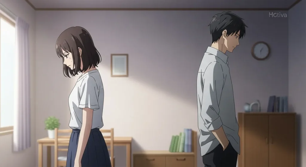 喧嘩後に背中を向けて距離を取る男女のすれ違いの様子