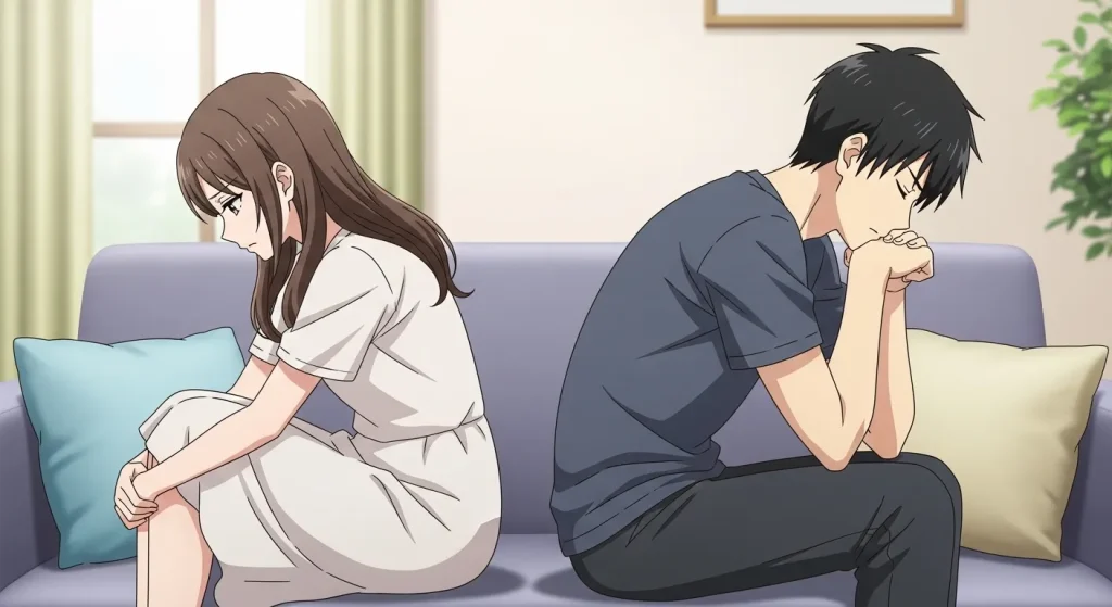 喧嘩後に距離を置いて背中合わせに座るカップルの気まずい様子