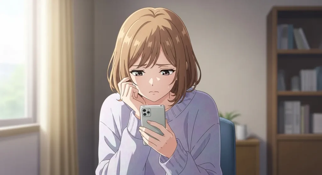 喧嘩後に彼氏から連絡が来ずスマホを見て悩む女性の様子