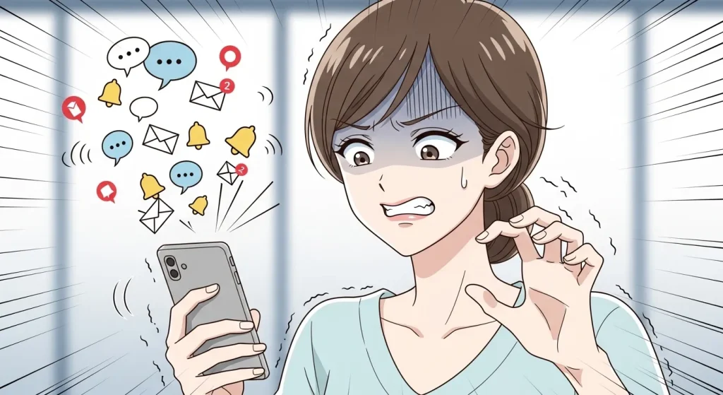 喧嘩後に何度も連絡してしまい焦ってスマホを見る女性の様子