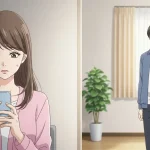 喧嘩後に連絡が来ず不安そうにスマホを見る女性と距離を置く男性の様子