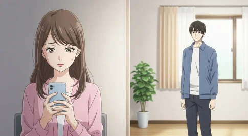 喧嘩後に連絡が来ず不安そうにスマホを見る女性と距離を置く男性の様子