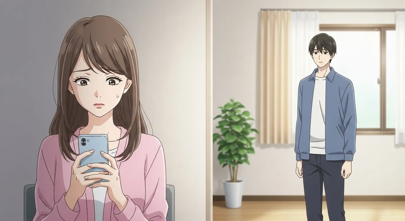 喧嘩後に連絡が来ず不安そうにスマホを見る女性と距離を置く男性の様子