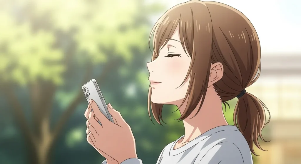 喧嘩後に落ち着いてスマホを見つめる女性のイラスト｜冷静な対処を考える様子