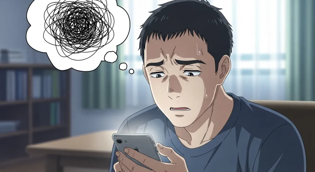 喧嘩後にスマホを見て悩む男性のイラスト｜無視する男性心理と葛藤の様子