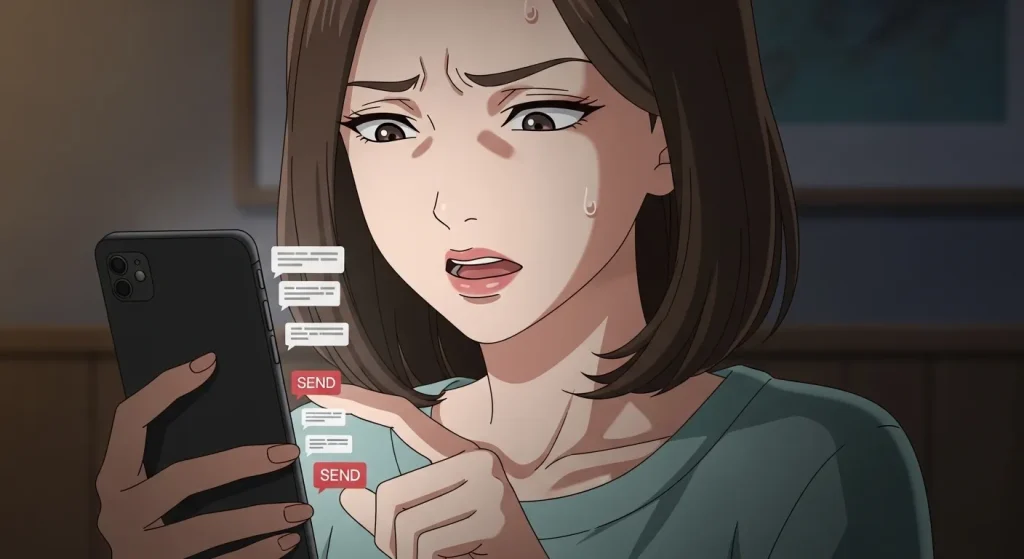 喧嘩後に不安から何度もLINEを送ってしまう女性のイラスト｜NG行動の例