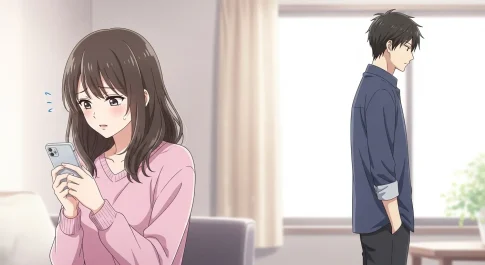 喧嘩後に距離を置く男性と不安になる女性のイラスト｜冷めたか悩む恋愛心理