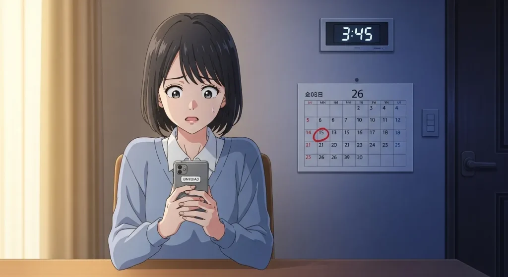 喧嘩後に連絡がこない日数を気にして不安になる女性のイラスト（カレンダーで期間を確認する様子）