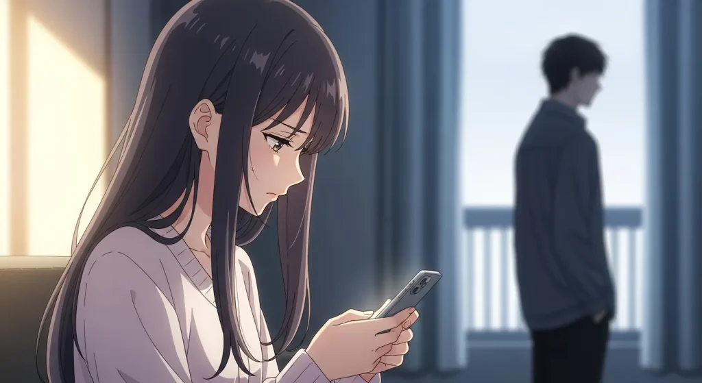 喧嘩後に連絡がこない状況で不安になる女性と距離を取る男性のイラスト