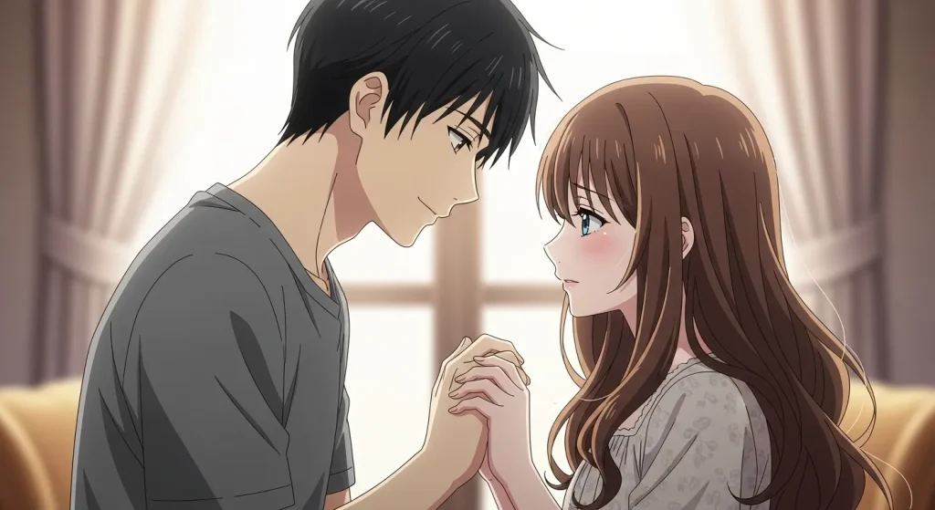 喧嘩後に手を取り合い向き合う男女のイラスト｜関係修復と仲直りのイメージ