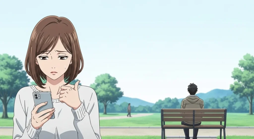 連絡を迷いながらスマホを見る女性と距離を置く男性の様子