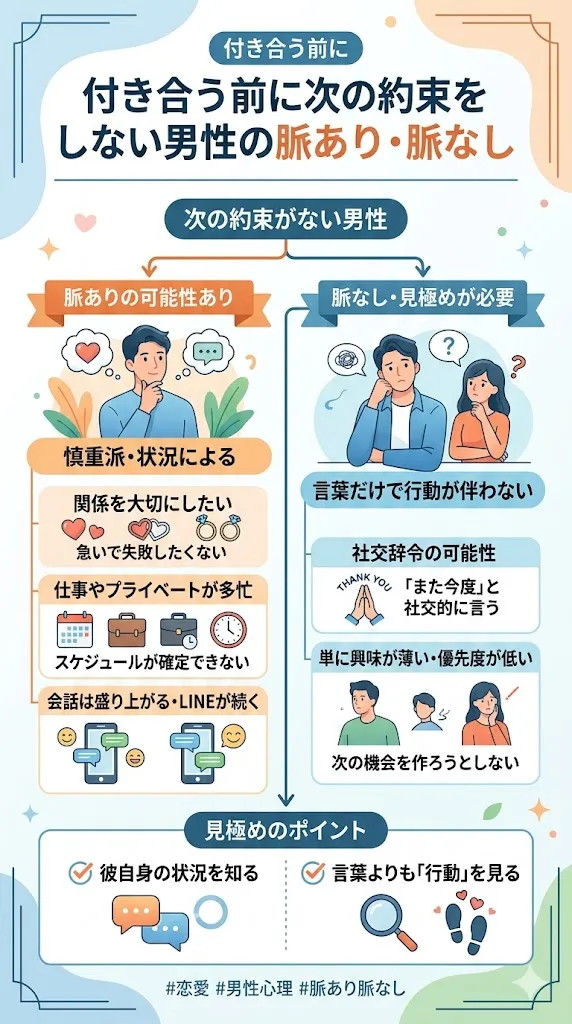付き合う前に次の約束をしない男性の脈あり・脈なし心理と見極めポイントを解説した図解