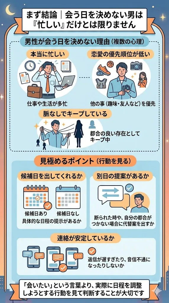 会う日を決めない男の心理と脈あり・脈なしの見分け方を解説した図解