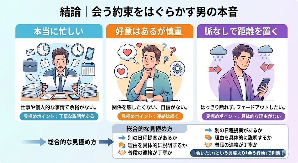 会う約束をはぐらかす男の心理を解説した図解。本当に忙しい、好意はあるが慎重、脈なしで距離を置くの3パターンと見極め方をまとめたイラスト